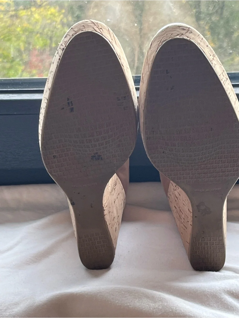 Stuart Weitzman Nude Patent Cork Wedge Platforms - Picture 3 of 5